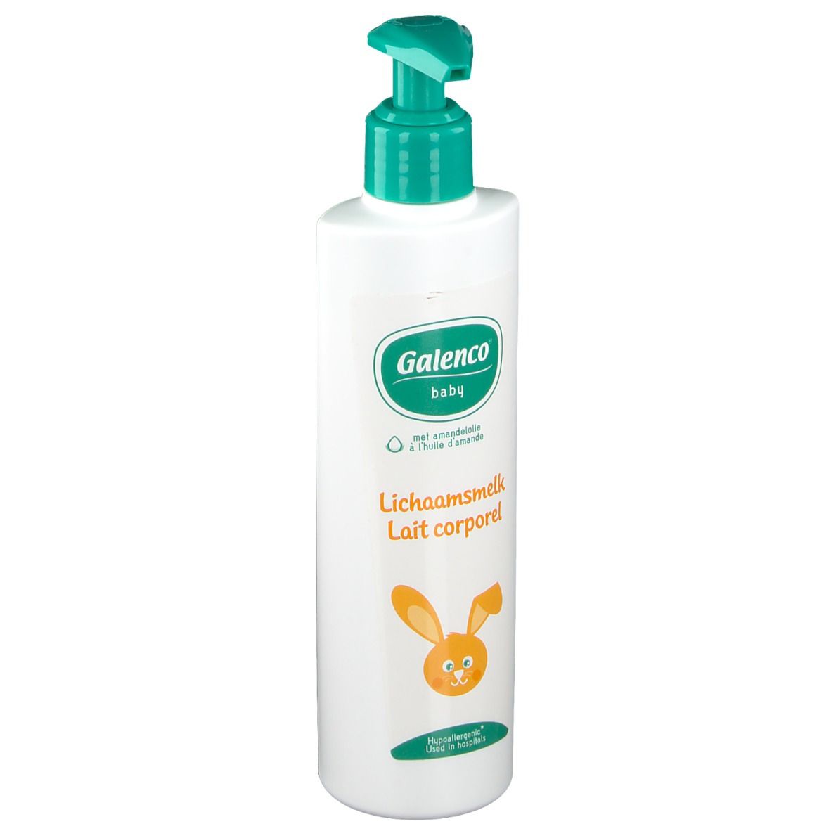 Witte fles met groene pomp. Opschrift: Galenco baby, Lichaamsmelk, Lait corporel. Oranje konijn.