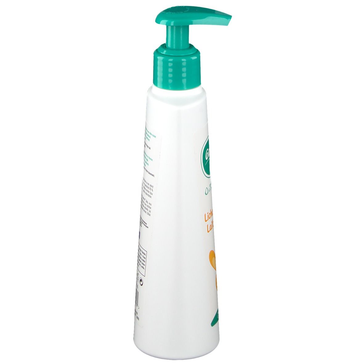 Witte fles met groene pomp. Opschrift: Lichaamsmelk, Lait corporel. Oranje konijn.