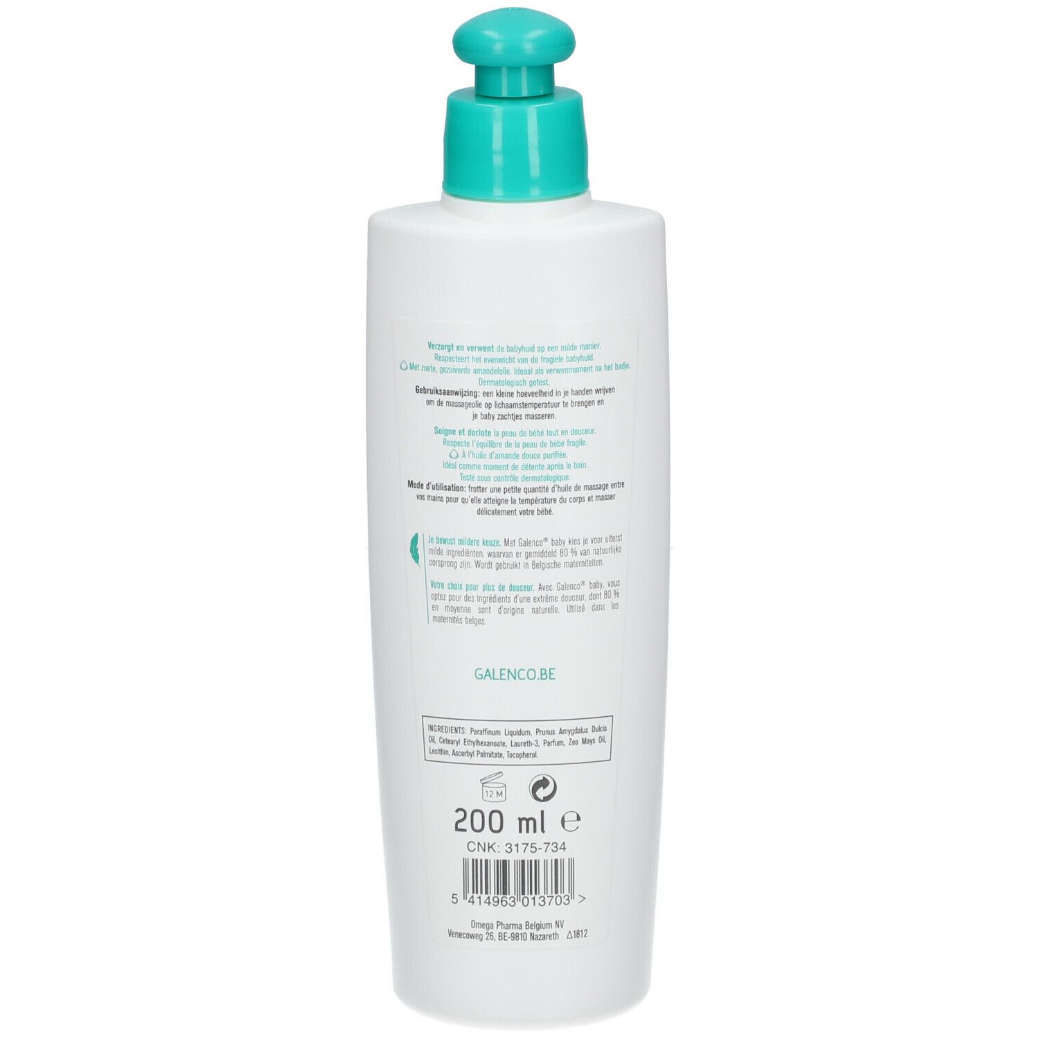 Dos du flacon blanc. Texte et informations, 200 ml.