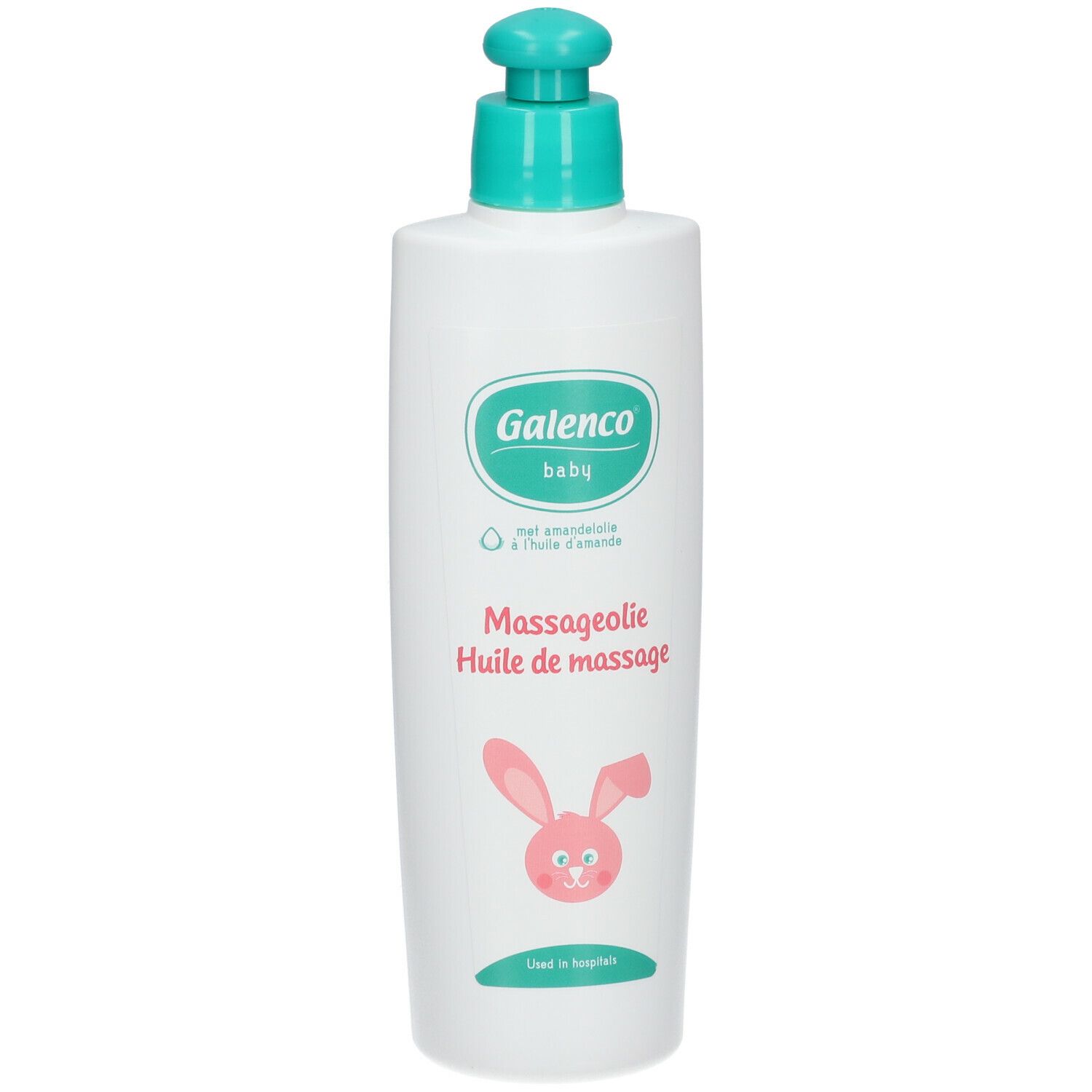 Flacon blanc avec pompe verte. Inscription Galenco baby, Huile de massage, lapin.