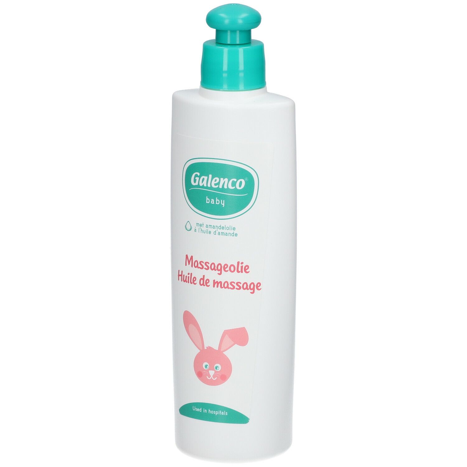 Flacon blanc avec pompe verte. Inscription Galenco baby, Huile de massage, lapin.
