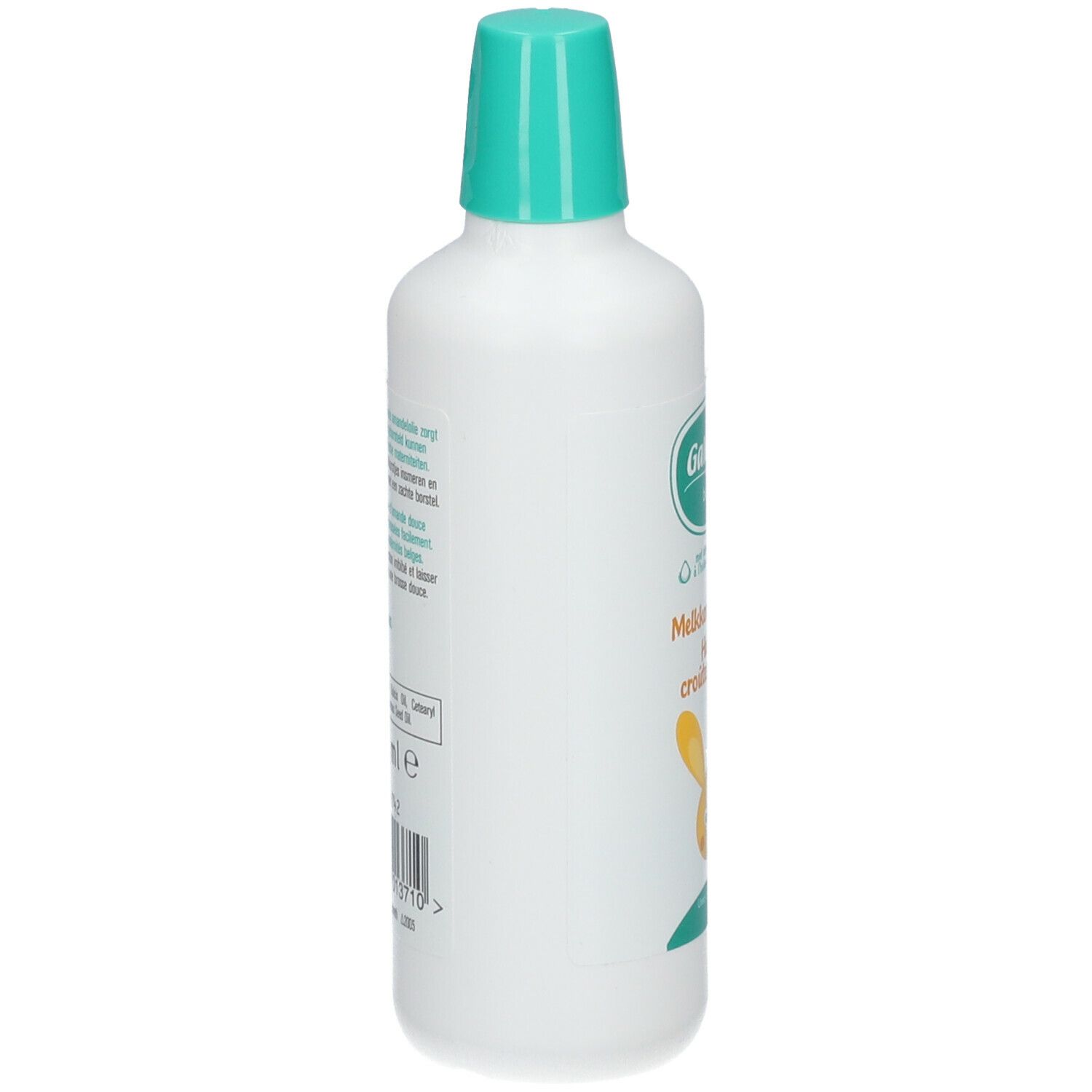 Flacon blanc avec bouchon vert. Texte et étiquette sur le côté. Nom du produit : Galenco Baby Huile de Croûtes de lait.