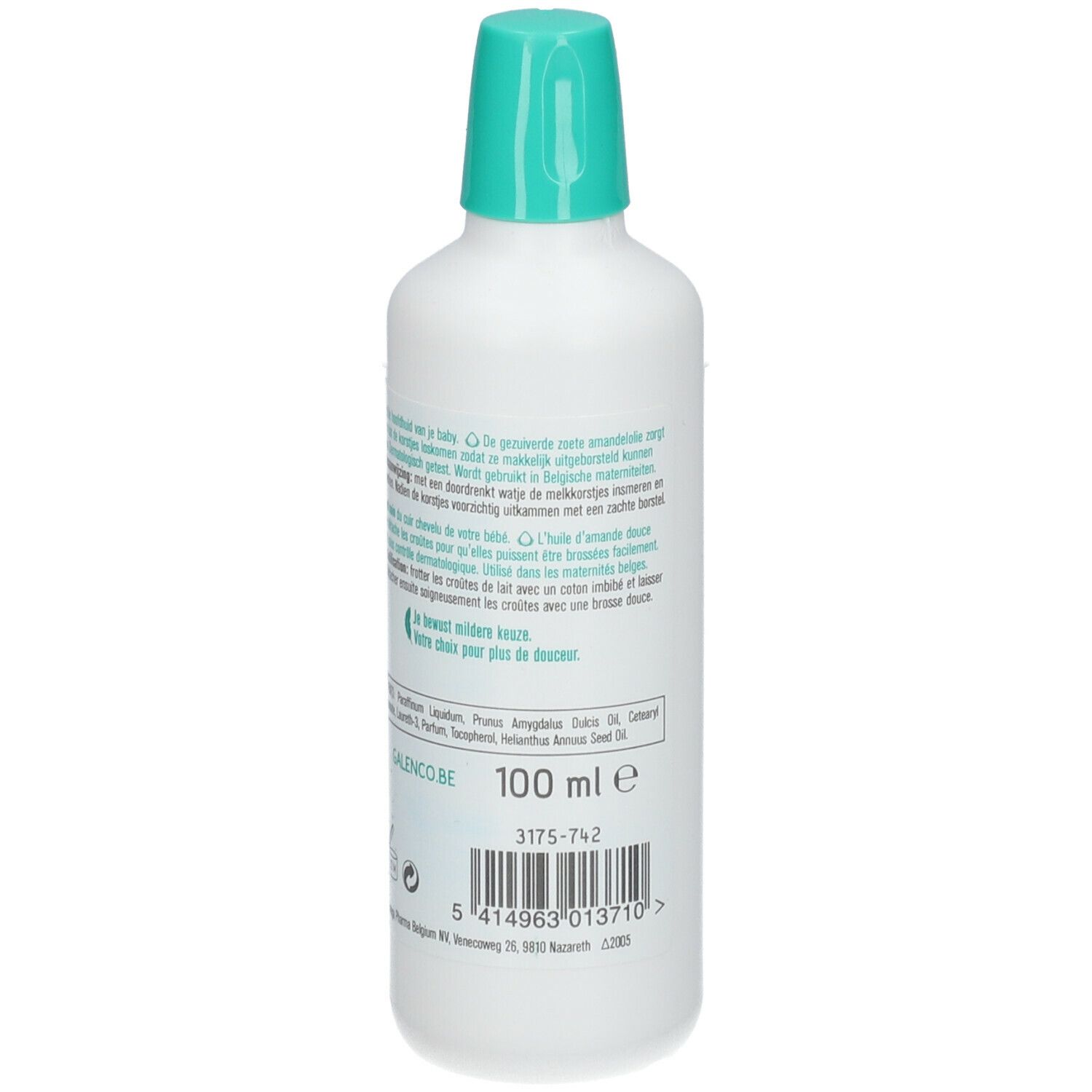 Dos du flacon blanc avec bouchon vert. Texte, ingrédients et indication 100 ml. Nom du produit : Galenco Baby Huile de Croûtes de lait.