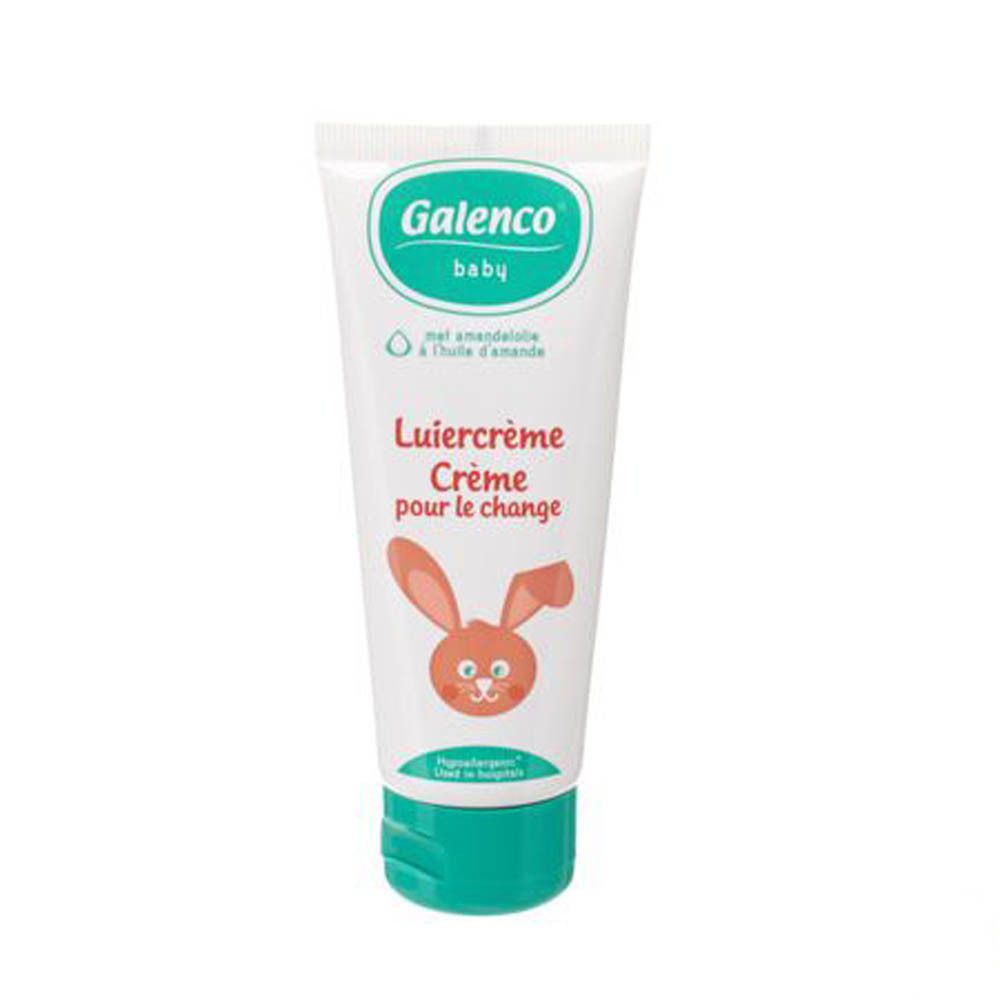 Tube de crème pour le change Galenco Baby. Blanc, vert, avec un lapin et l'inscription 'Luiercrème Crème pour le change'.