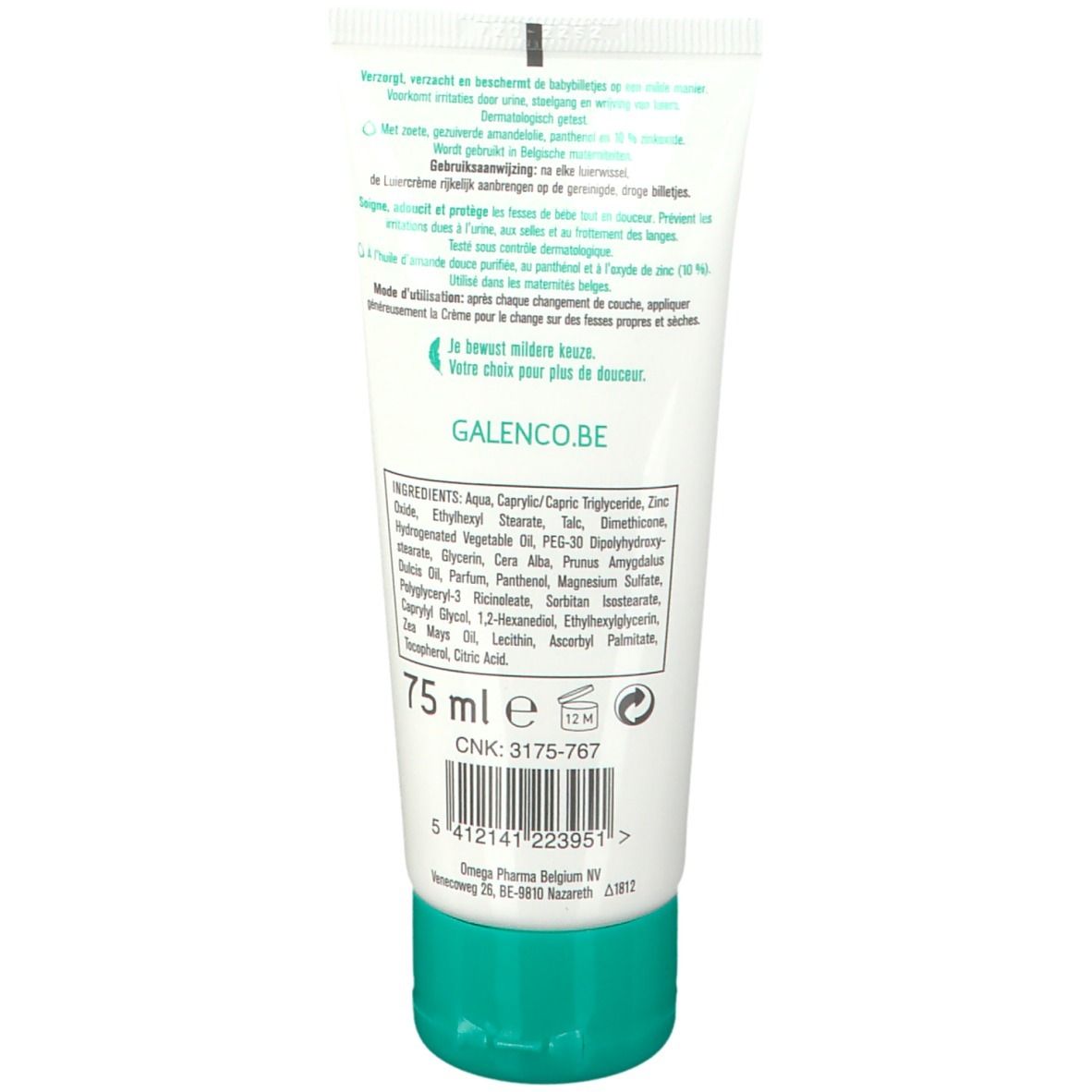 Dos du tube de crème pour le change Galenco Baby. Ingrédients, texte et logo. Volume : 75 ml.