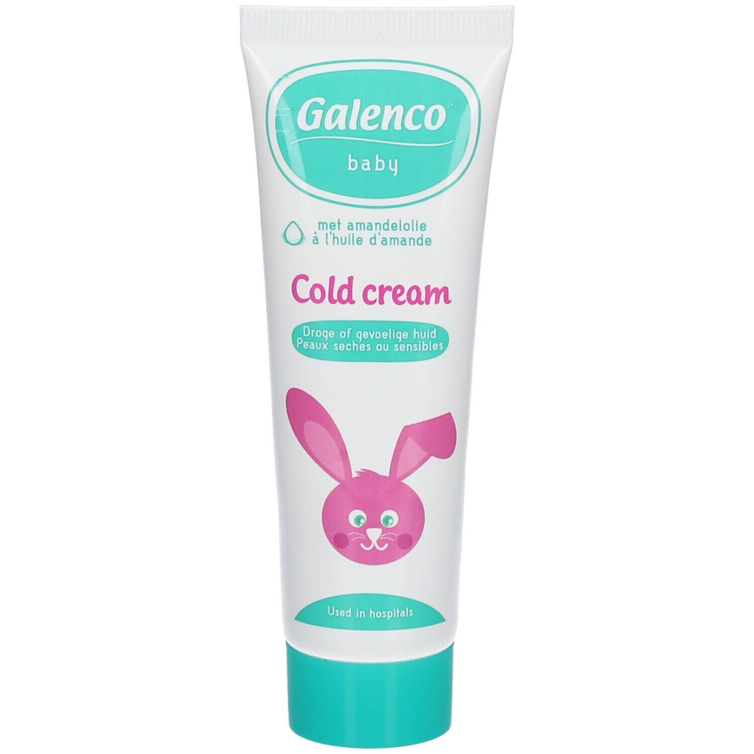 Witte tube met groene dop. Opschrift: Galenco baby Cold cream. Illustratie van een roze konijn.