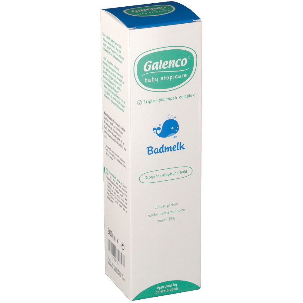 Kartonverpackung mit Produktbezeichnung Galenco Bébé Atopicare. Blaue und weiße Verpackung mit Produktnamen und Logo.