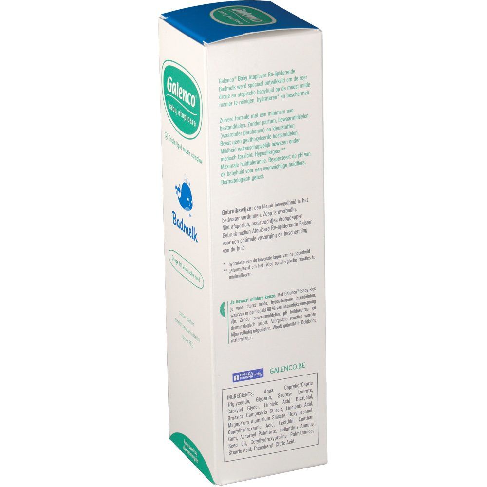 Rückseite der Kartonverpackung von Galenco Bébé Atopicare. Text in mehreren Sprachen, Inhaltsstoffe und Logo.