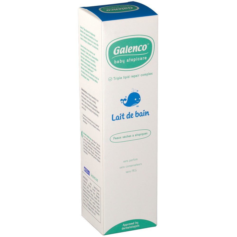 Kartonverpackung mit Produktbezeichnung Galenco Bébé Atopicare. Blaue und weiße Verpackung mit Produktnamen und Logo.