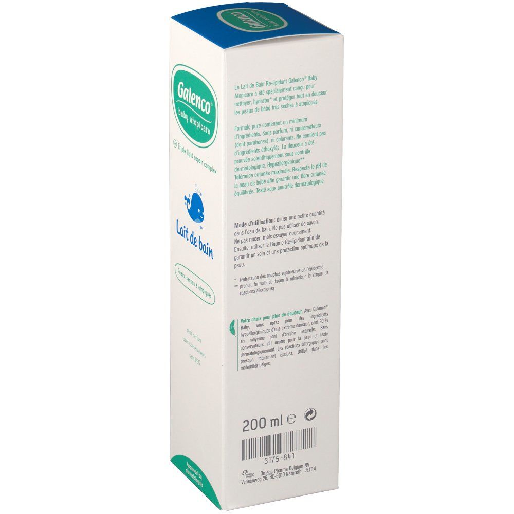 Rückseite der Kartonverpackung von Galenco Bébé Atopicare. Text in mehreren Sprachen, Inhaltsstoffe und Logo. 200ml.