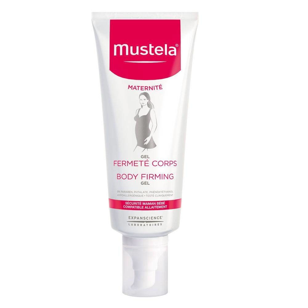 Tube blanc et rouge avec nom du produit et graphique de grossesse. Gel pour le corps.