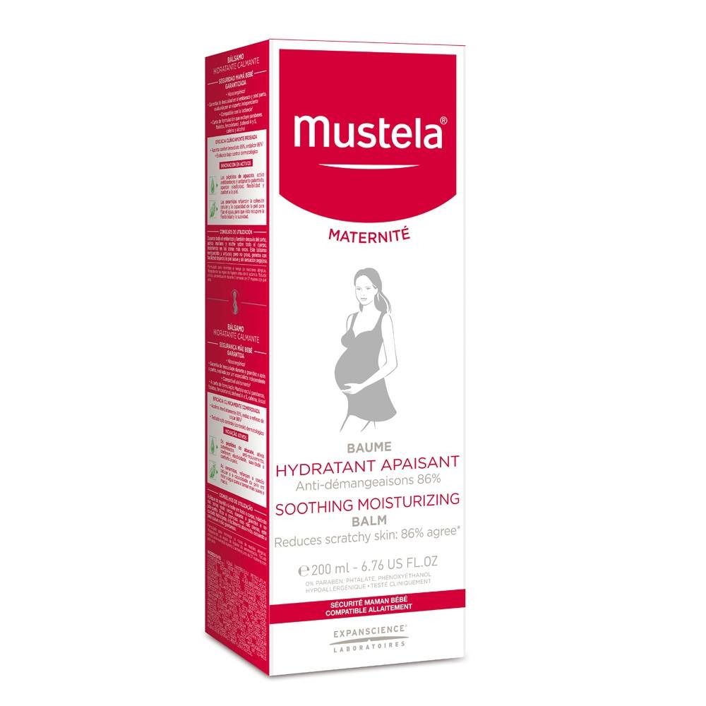 Emballage blanc et rouge avec nom du produit et illustration de femme enceinte. Texte: Baume Hydratant Apaisant, Soothing Moisturizing Balm.