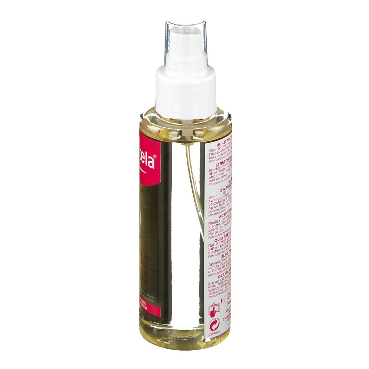 Flacon d'huile avec vaporisateur. Étiquette avec informations produit. Contenu clair, accents roses.