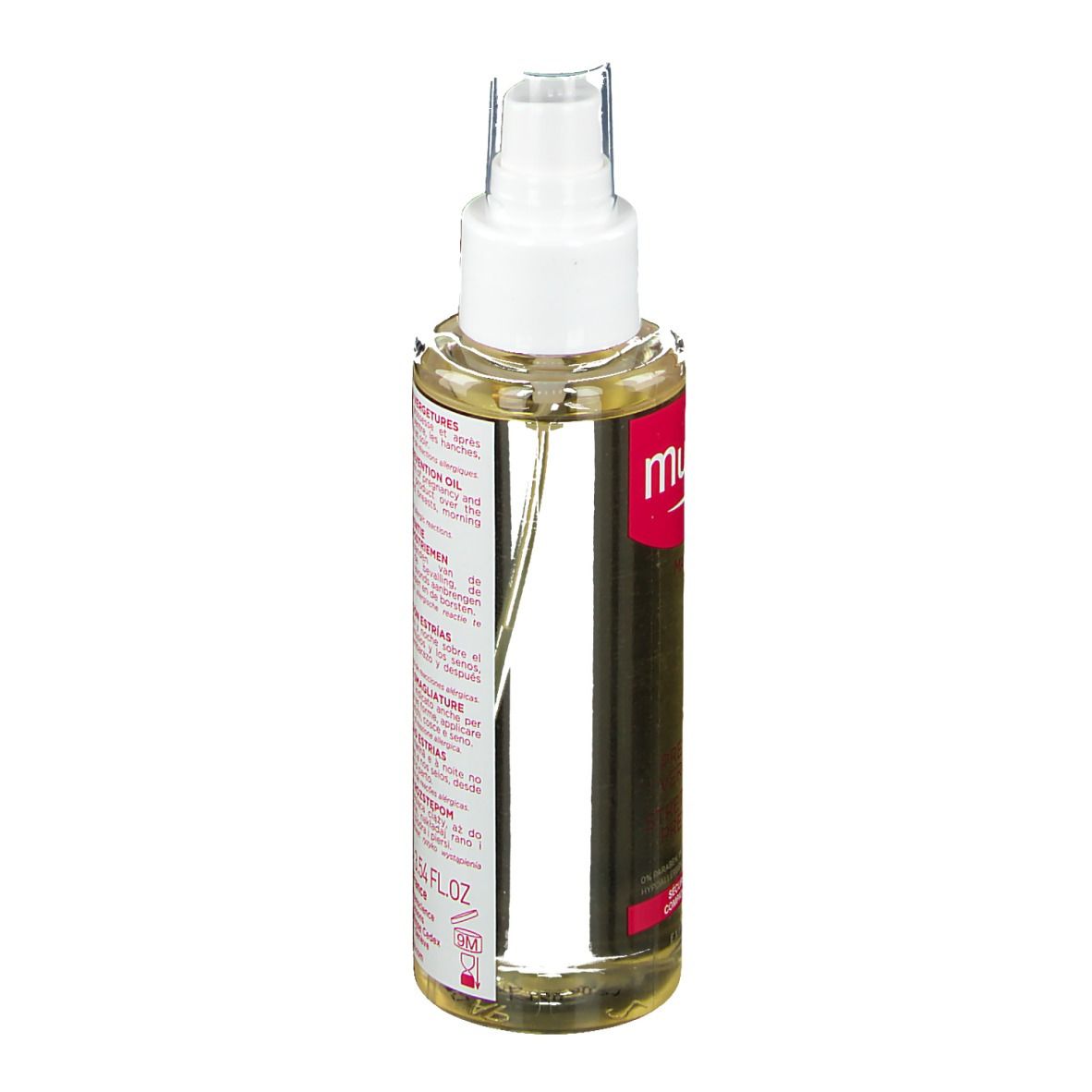Flacon d'huile avec vaporisateur. Étiquette avec informations produit. Contenu clair, accents roses.