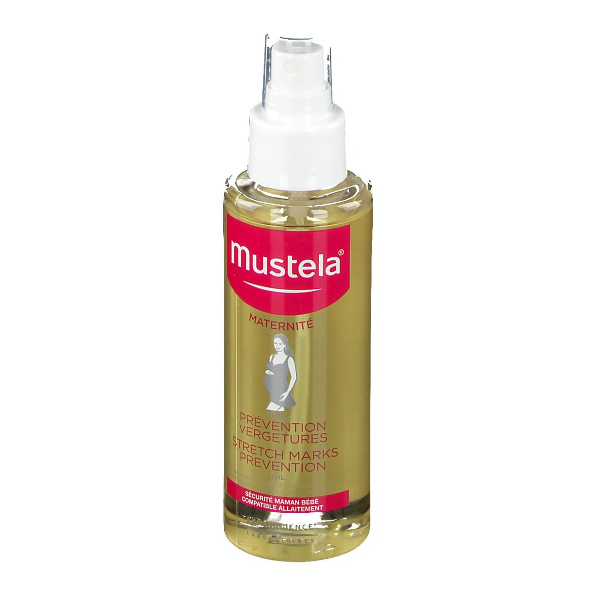 Flacon d'huile avec vaporisateur. Étiquette rouge avec logo et nom du produit. Femme enceinte illustrée.
