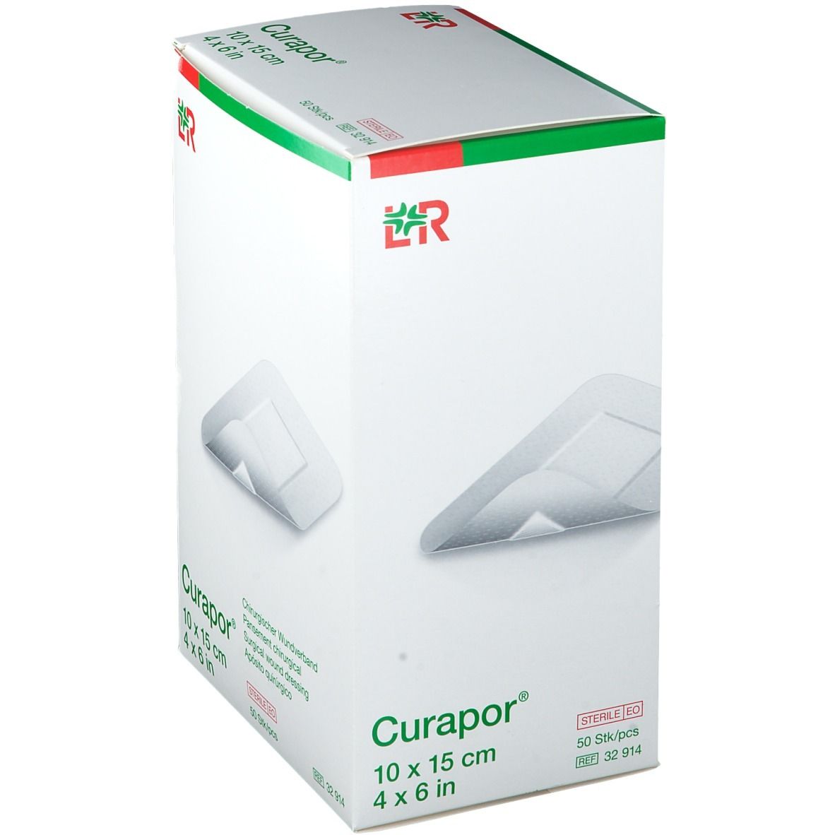 Boîte de pansements Curapor 10 x 15 cm. Emballage avec image et logo, blanc et vert.