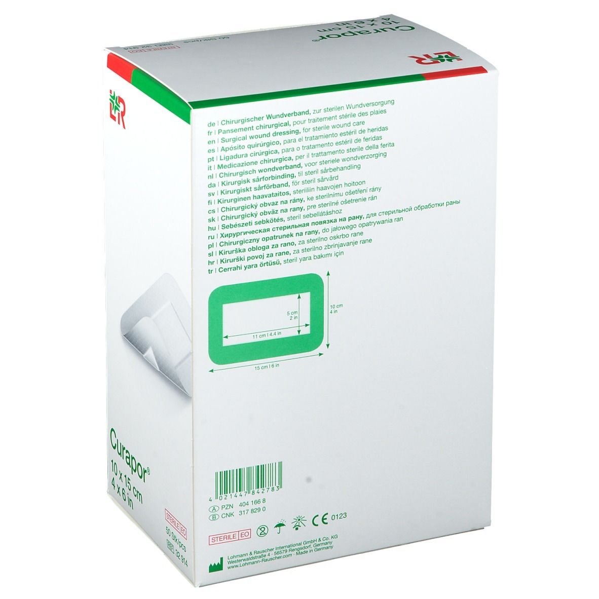 Dos de l'emballage Curapor. Texte multilingue, dimensions et image du produit.