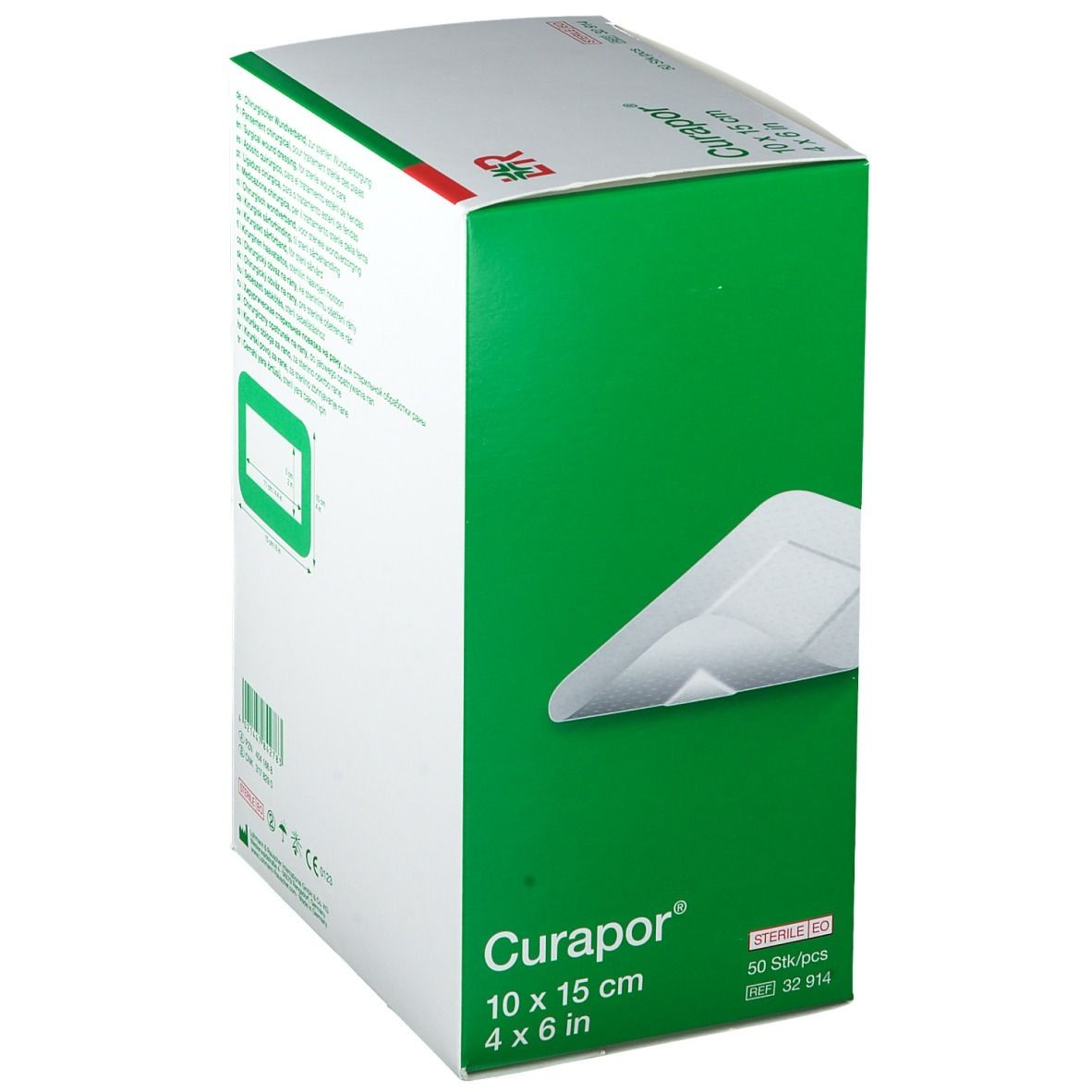 Boîte de pansements Curapor 10 x 15 cm. Emballage vert et blanc avec image du produit et logo.