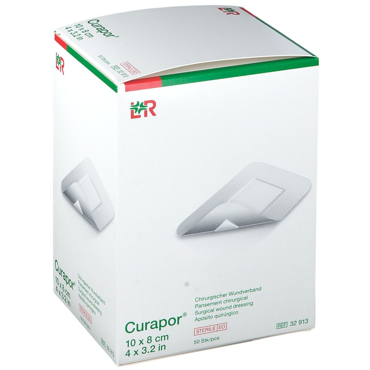 Verpakking van Curapor wondverband. Afbeelding van het product. Afmeting: 10 x 8 cm. Steriel.