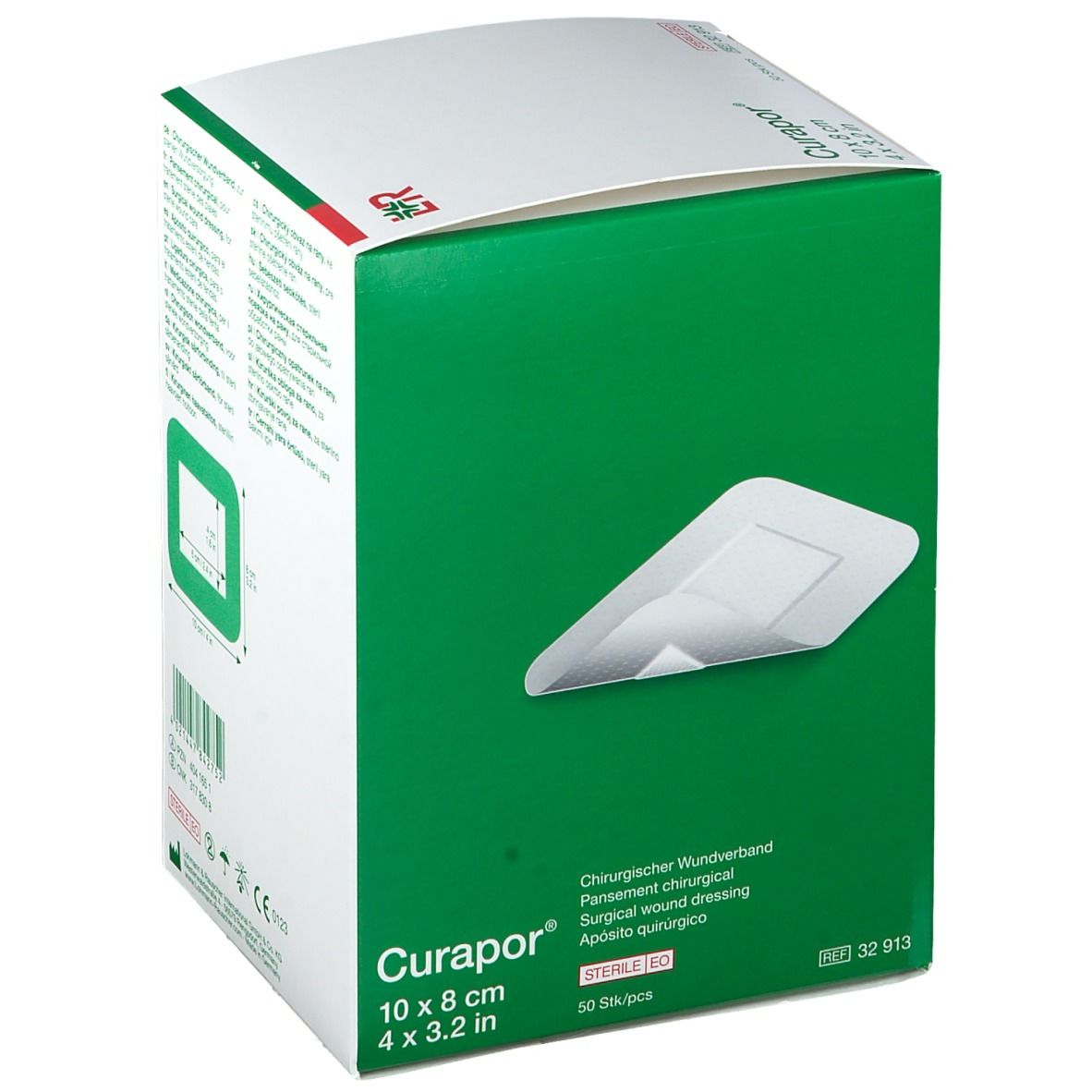 Verpakking van Curapor wondverband. Afbeelding van het product. Afmeting: 10 x 8 cm. Steriel.