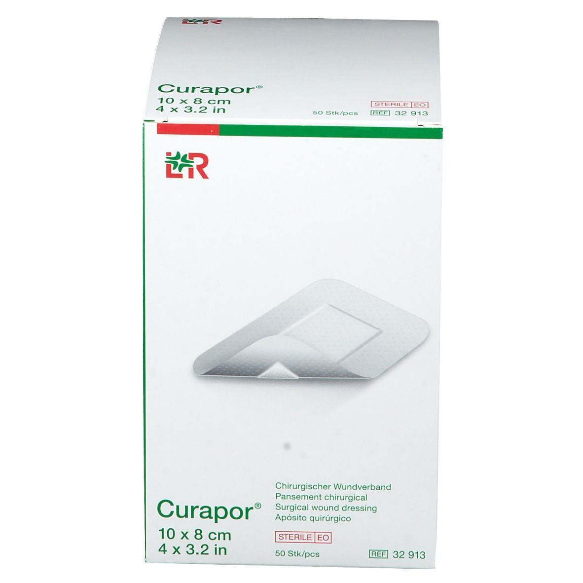 Verpakking van Curapor wondverband. Afbeelding van het product. Afmeting: 10 x 8 cm. Steriel.