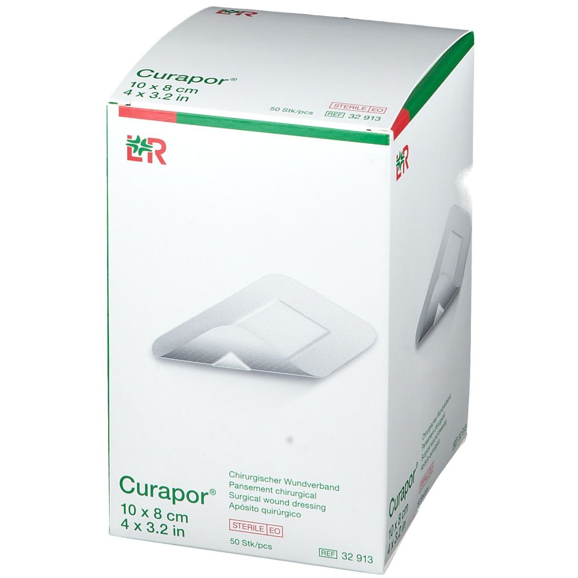 Verpakking van Curapor wondverband. Afbeelding van het product. Afmeting: 10 x 8 cm. Steriel.