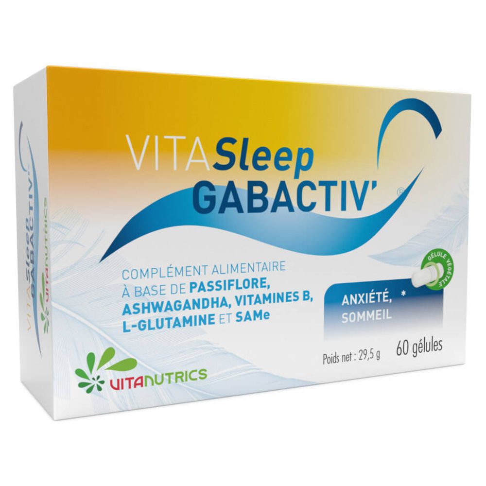 Boîte Vitasleep Gabactiv. Contient 60 gélules. Ingrédients : Passiflore, Ashwagandha, Vitamines B, L-Glutamine et SAMe.