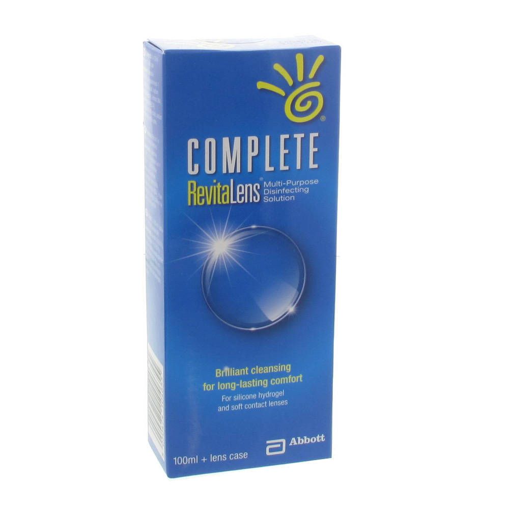 Blauwe verpakking van Complete RevitaLens. Multi-purpose desinfecterende oplossing voor zachte lenzen en silicone hydrogel. Abbott logo.