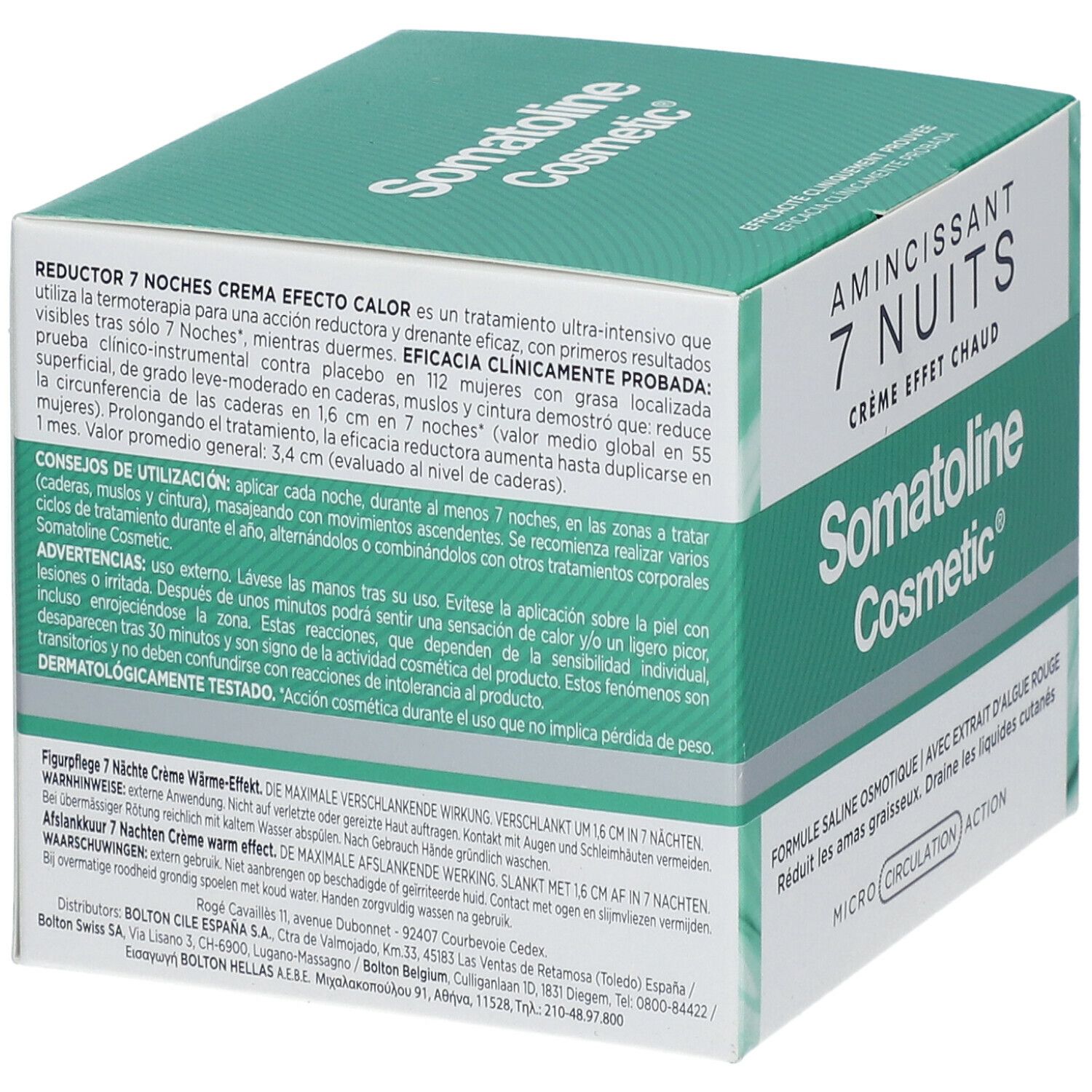 Karton mit Produktaufdruck. Text: Somatoline Cosmetic, Reductor 7 Noches, Crema efecto calor. Grün-weiße Verpackung.