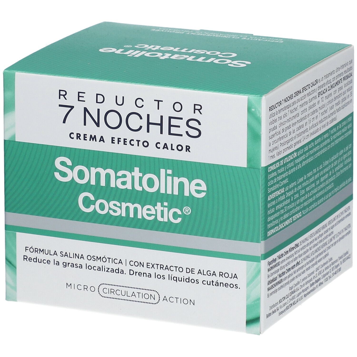 Karton mit Produktaufdruck. Text: Somatoline Cosmetic, Reductor 7 Noches, Crema efecto calor. Grün-weiße Verpackung.