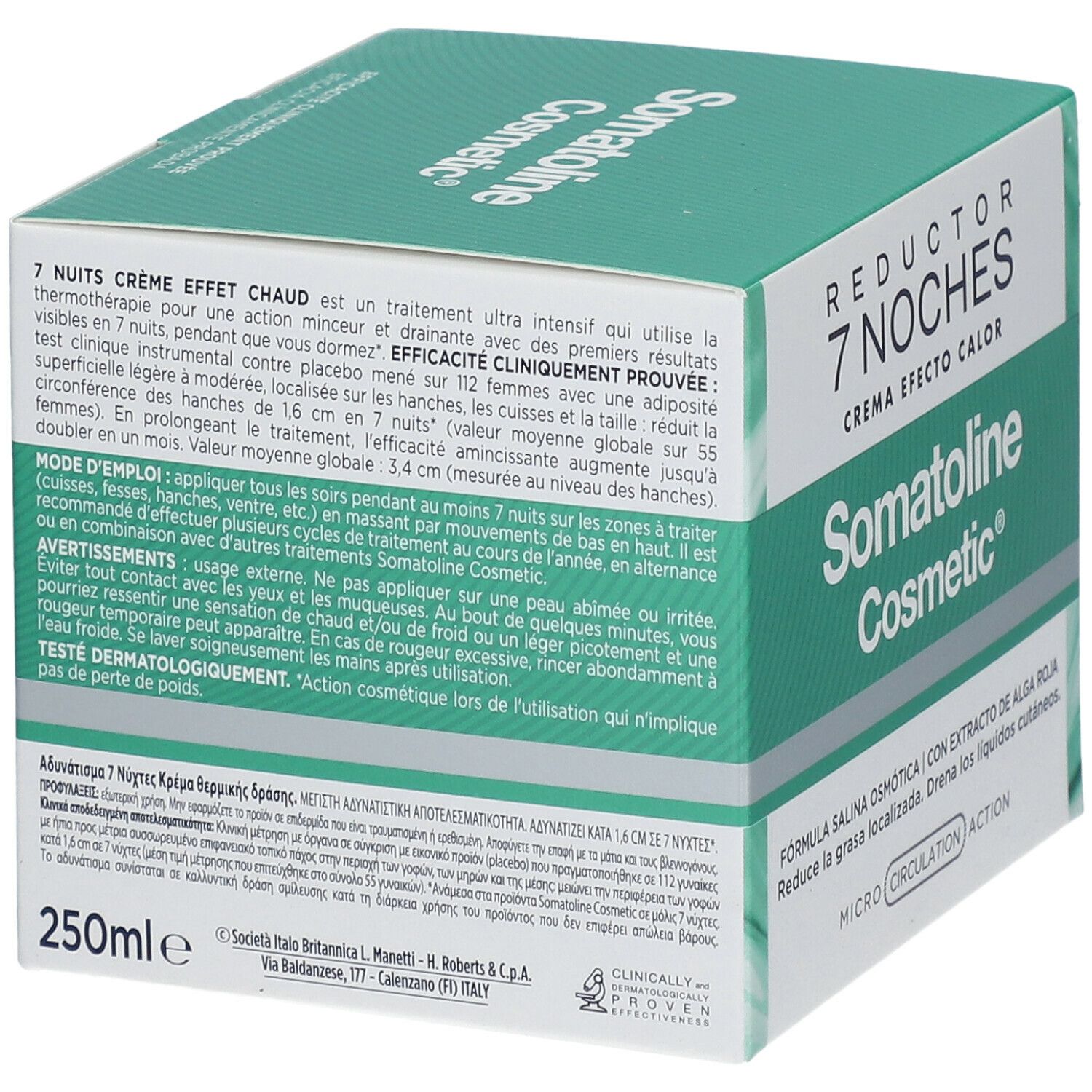 Karton mit Produktaufdruck. Text: Somatoline Cosmetic, Reductor 7 Noches, Crema efecto calor. Grün-weiße Verpackung.