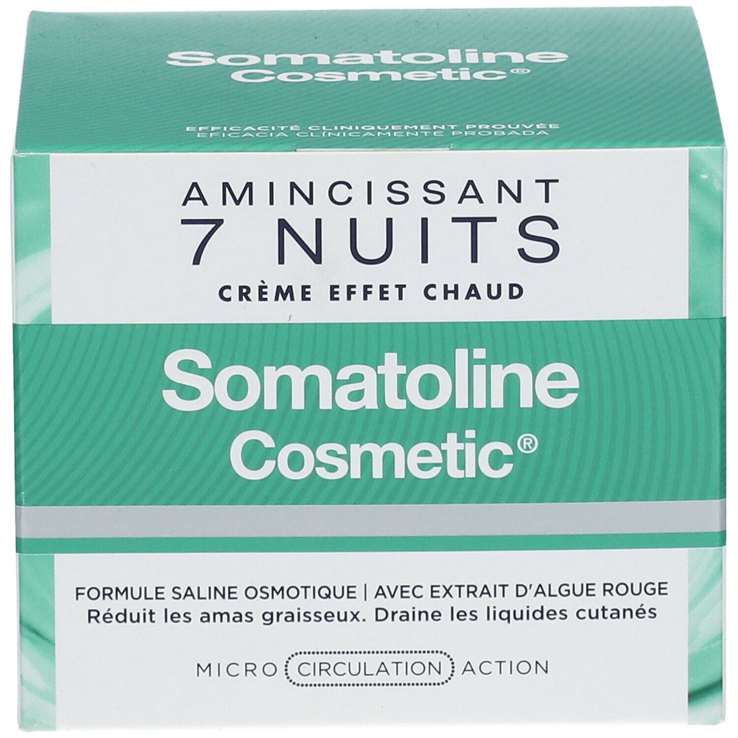 Karton mit Produktaufdruck. Text: Somatoline Cosmetic, Amincissant 7 Nuits, Crème effet chaud. Grün-weiße Verpackung.