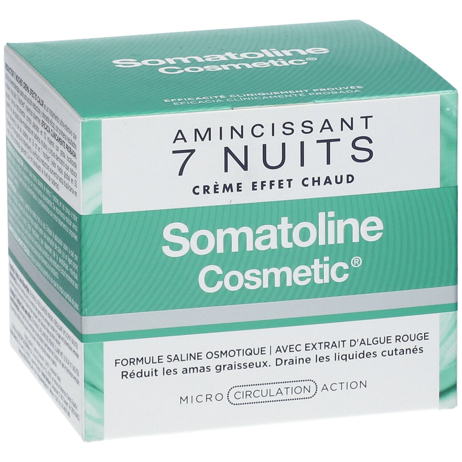 Karton mit Produktaufdruck. Text: Somatoline Cosmetic, Amincissant 7 Nuits, Crème effet chaud. Grün-weiße Verpackung.