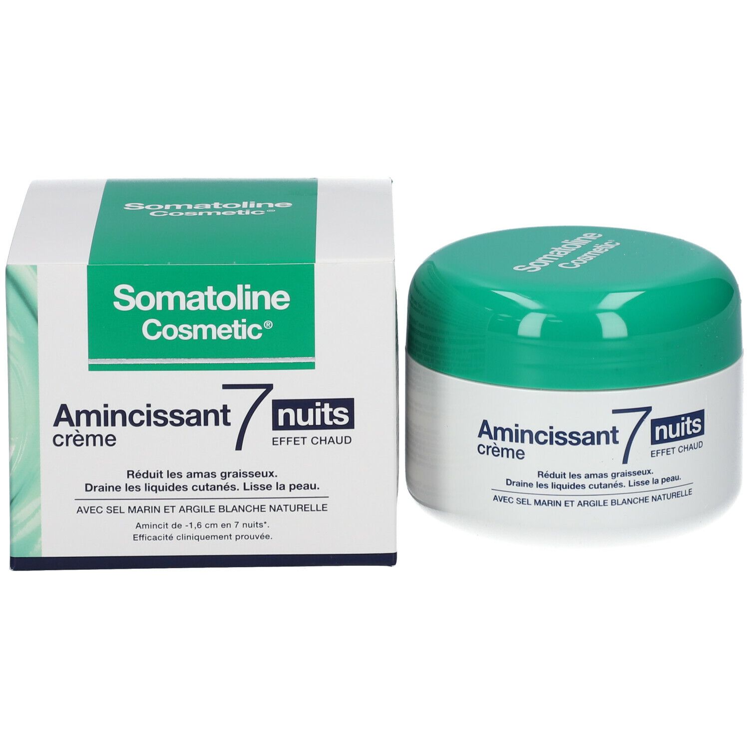 Produkt und Verpackung. Text: Somatoline Cosmetic, Amincissant crème 7 nuits, effet chaud. Weiße Dose, grüne Verpackung.
