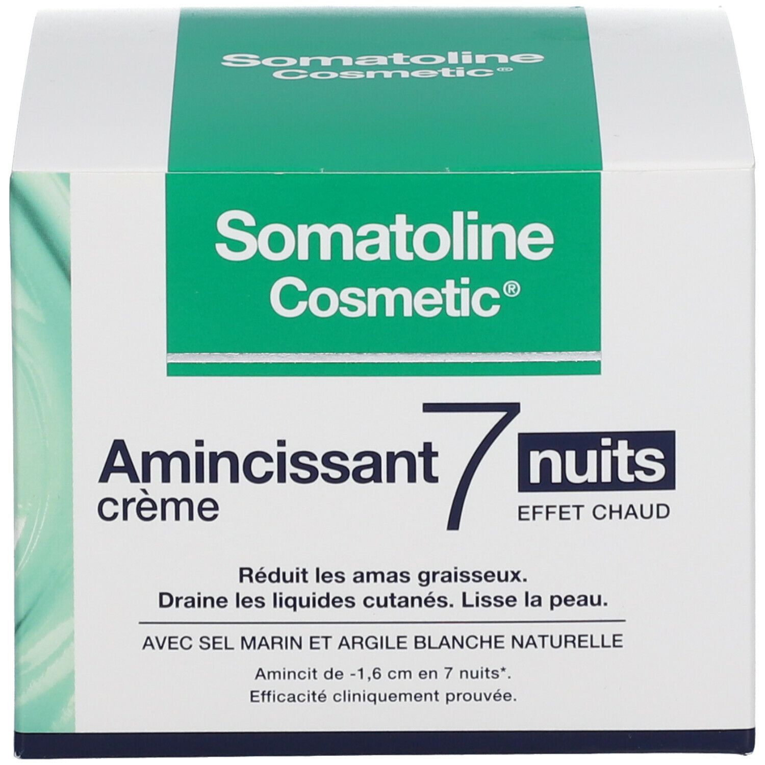 Produkt und Verpackung. Text: Somatoline Cosmetic, Amincissant crème 7 nuits, effet chaud. Weiße Dose, grüne Verpackung.