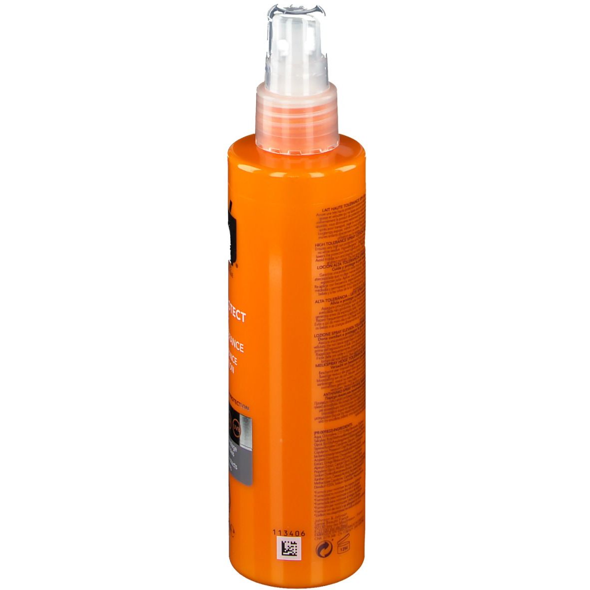 Flacon orange avec vaporisateur. Dos avec texte. Marque : RoC.
