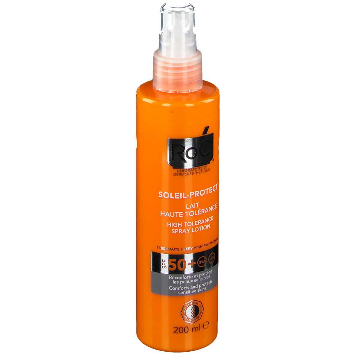 Flacon orange avec vaporisateur. Inscription : SOLAIL-PROTECT, SPF 50+. Marque : RoC.