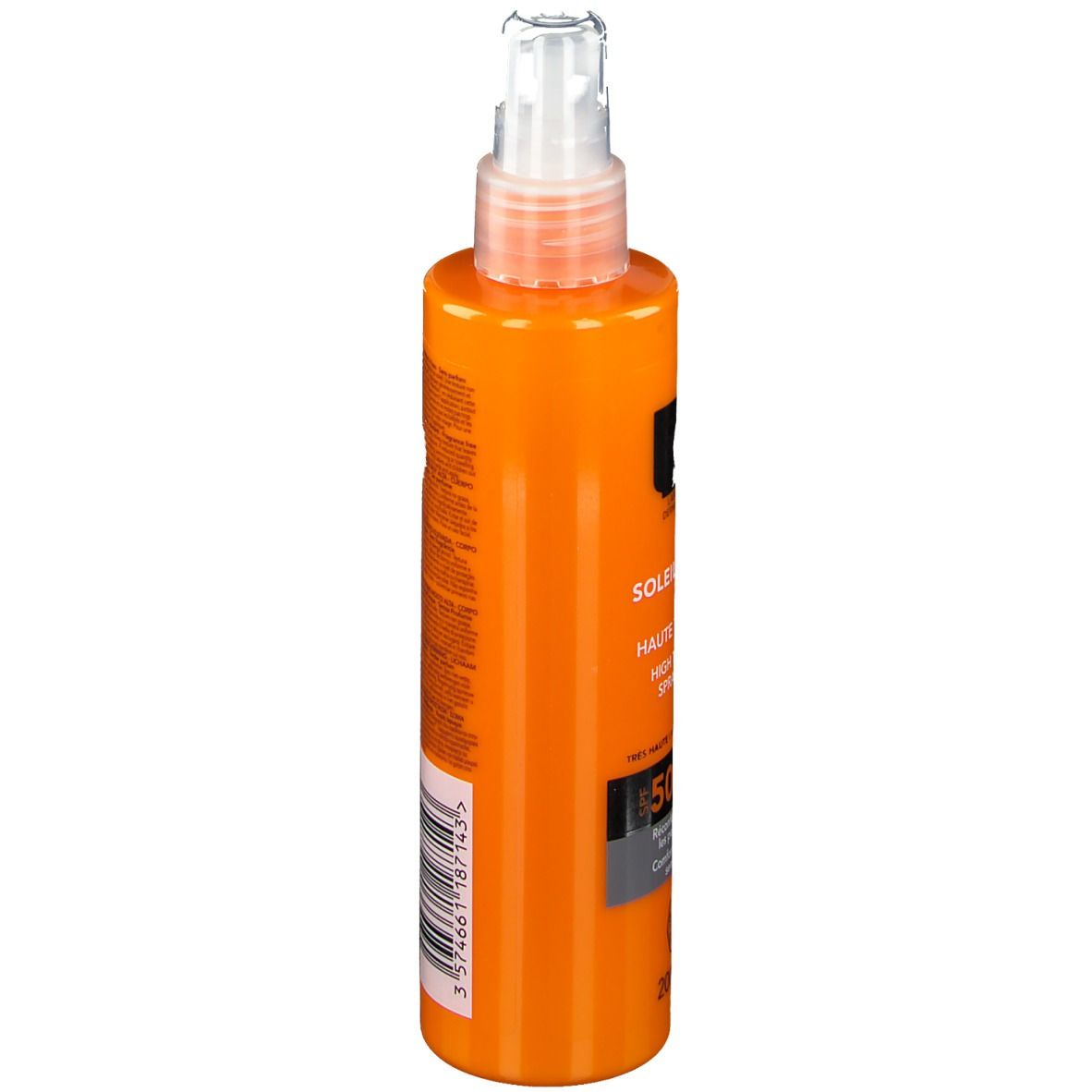 Flacon orange avec vaporisateur. Inscription : SOLAIL-PROTECT, SPF 50+. Marque : RoC.