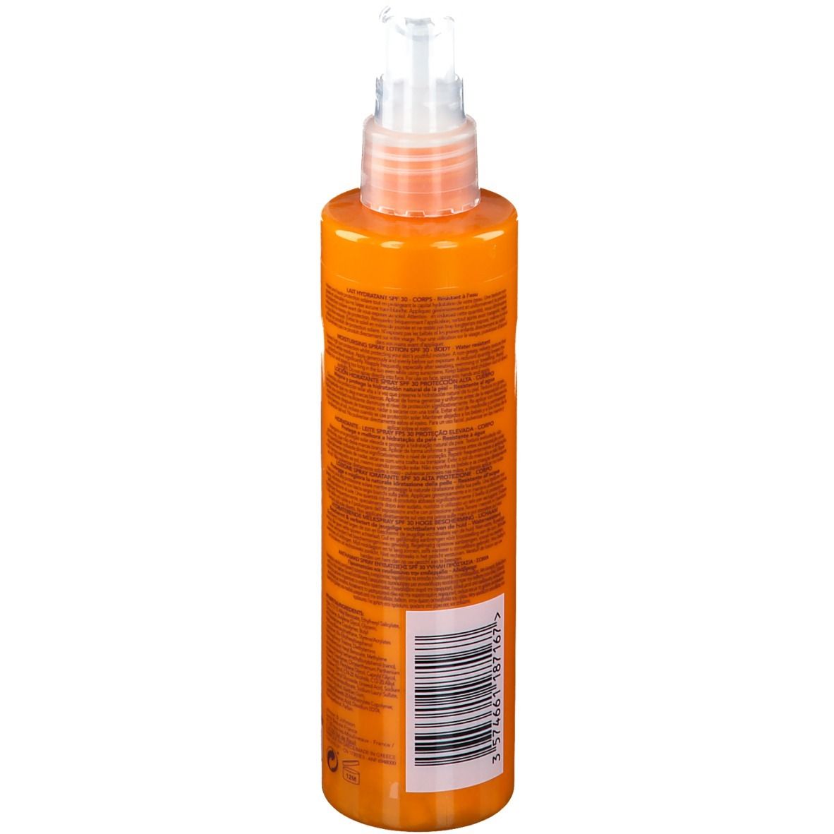 Flacon orange avec vaporisateur. Dos avec texte et code-barres.