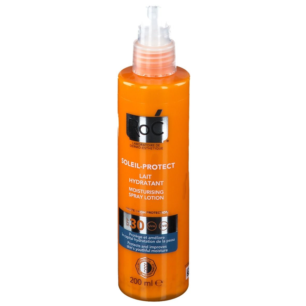 Flacon orange avec vaporisateur. Inscriptions: SOLAIL-PROTECT, Lait Hydratant, SPF 30. 200 ml. Marque: RoC.