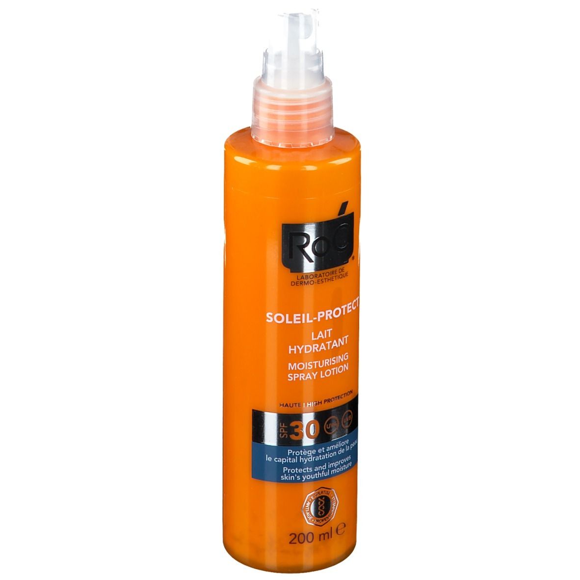 Flacon orange avec vaporisateur. Inscriptions: SOLAIL-PROTECT, SPF 30. 200 ml. Marque: RoC.
