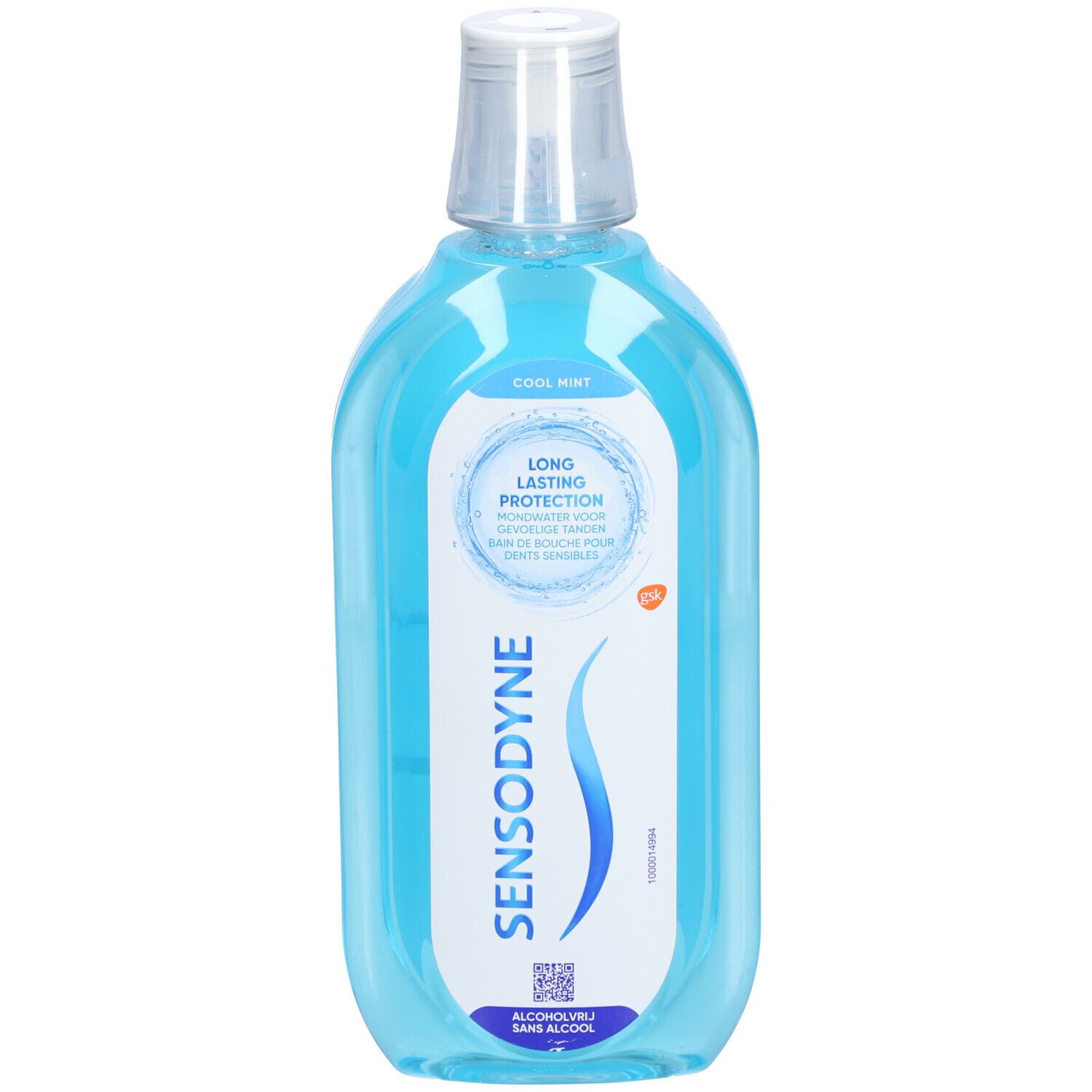 Bain de bouche Sensodyne bleu, bouchon blanc. Inscriptions: Cool Mint, Long Lasting Protection, Sensodyne. Sans alcool.
