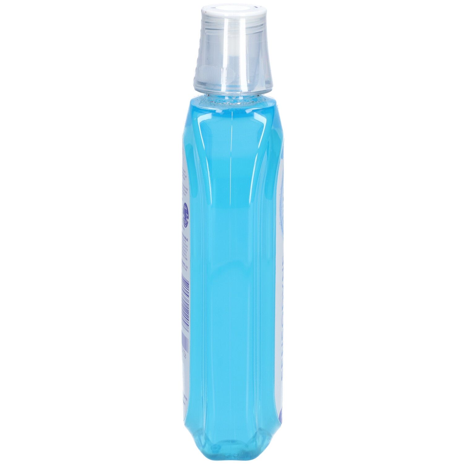 Vue latérale du bain de bouche Sensodyne. Liquide bleu dans une bouteille transparente avec bouchon blanc.