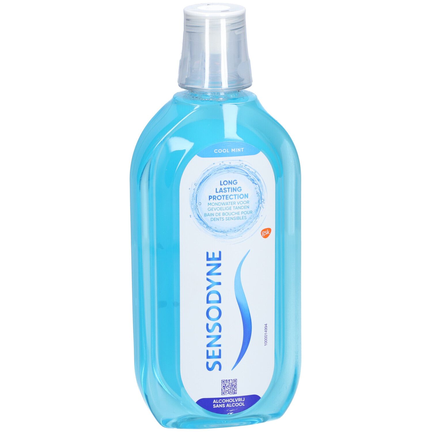 Bain de bouche Sensodyne bleu, bouchon blanc. Inscriptions: Cool Mint, Long Lasting Protection, Sensodyne. Sans alcool.
