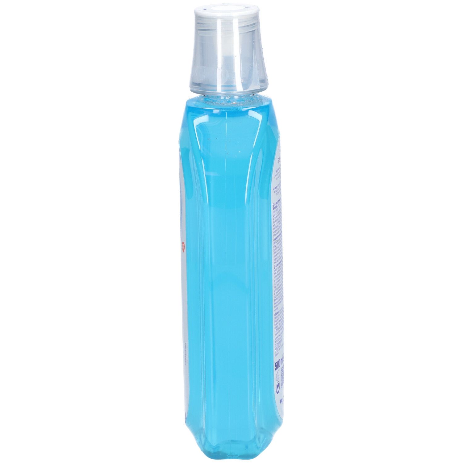 Vue latérale du bain de bouche Sensodyne. Liquide bleu dans une bouteille transparente avec bouchon blanc.