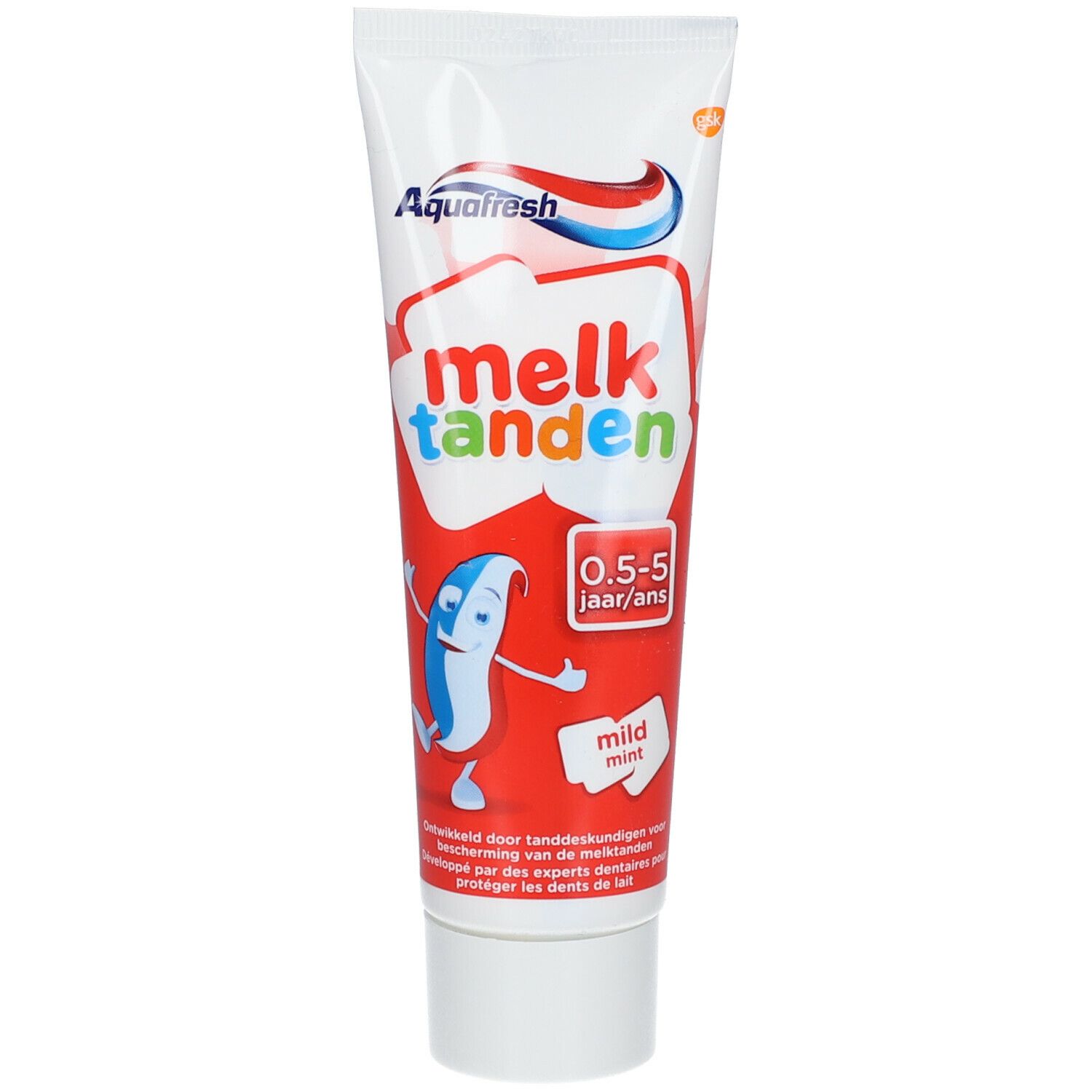 Tube de dentifrice Aquafresh, "melk tanden", 0,5-5 ans, menthe douce. Illustration d'un personnage de dent.