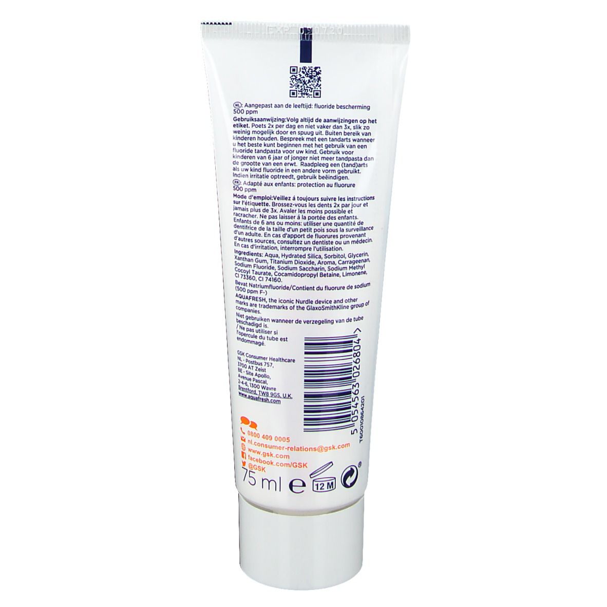 Dos du tube de dentifrice. Texte multilingue. Ingrédients et informations du fabricant.