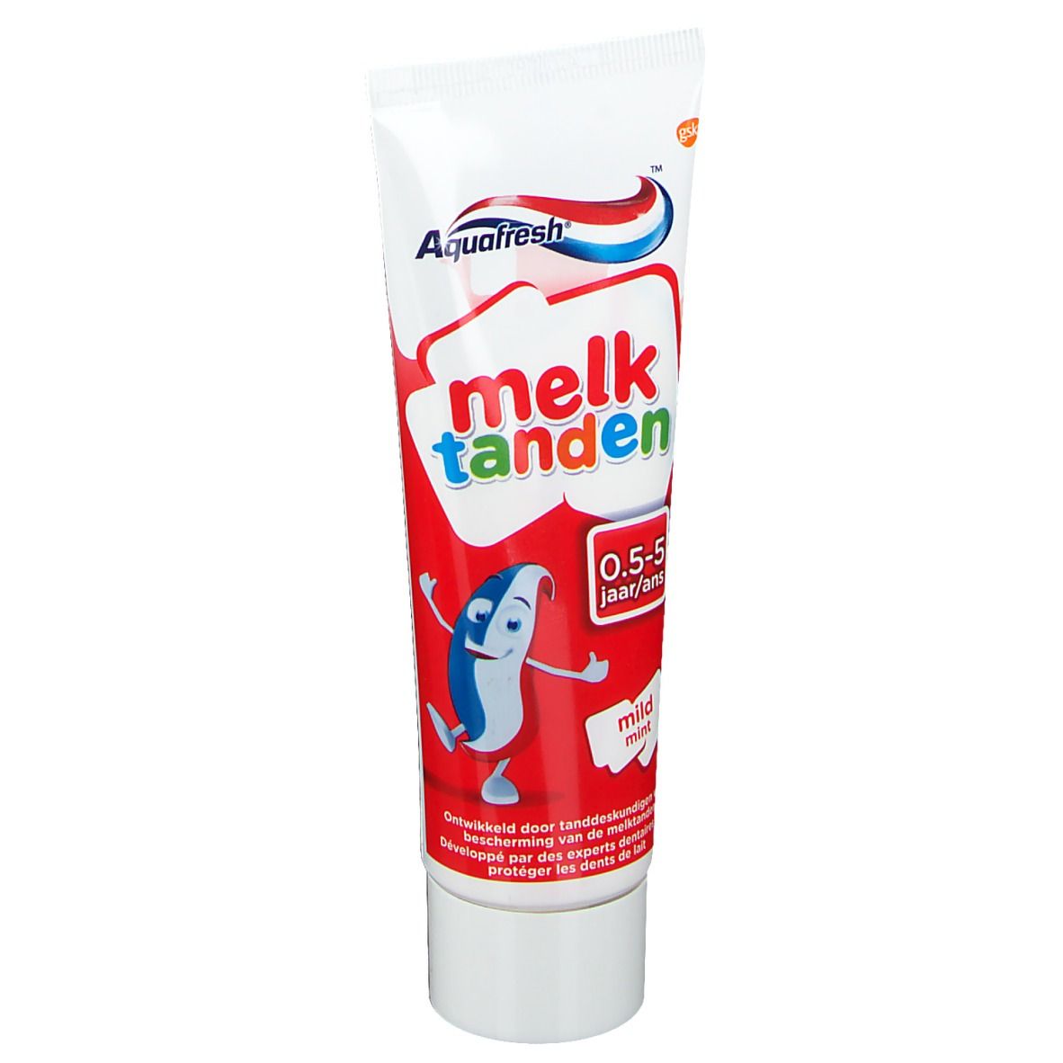 Tube de dentifrice Aquafresh, "melk tanden", 0,5-5 ans, menthe douce. Illustration d'un personnage de dent.