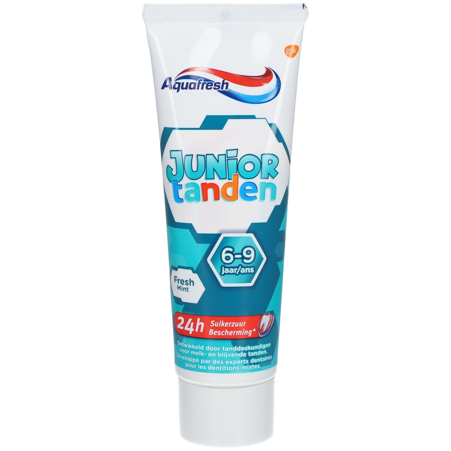 Tube de dentifrice AquaFresh Junior, 6-9 ans, menthe fraîche. Couleurs bleu, blanc et rouge. Protection 24h.