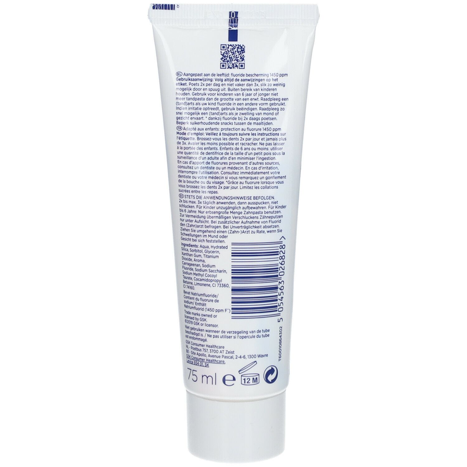 Dos du tube de dentifrice. Contient des informations sur les ingrédients, l'utilisation et le fabricant. Tube blanc avec texte bleu.